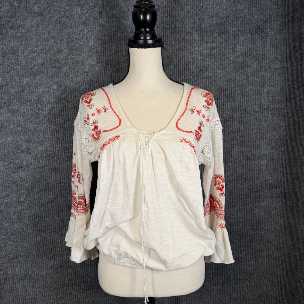 Lucky Brand Embroidered Peasant Blouse Womens S White Red Boho Bell Sleeve Top